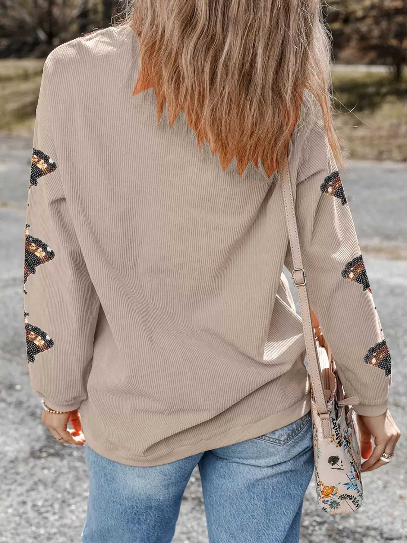 Gobble Corded Ribbed Thanksgiving Turkey Sequin Patched Sleeve Sweatshirt sold by Charming Charlie product image thumbnail 2