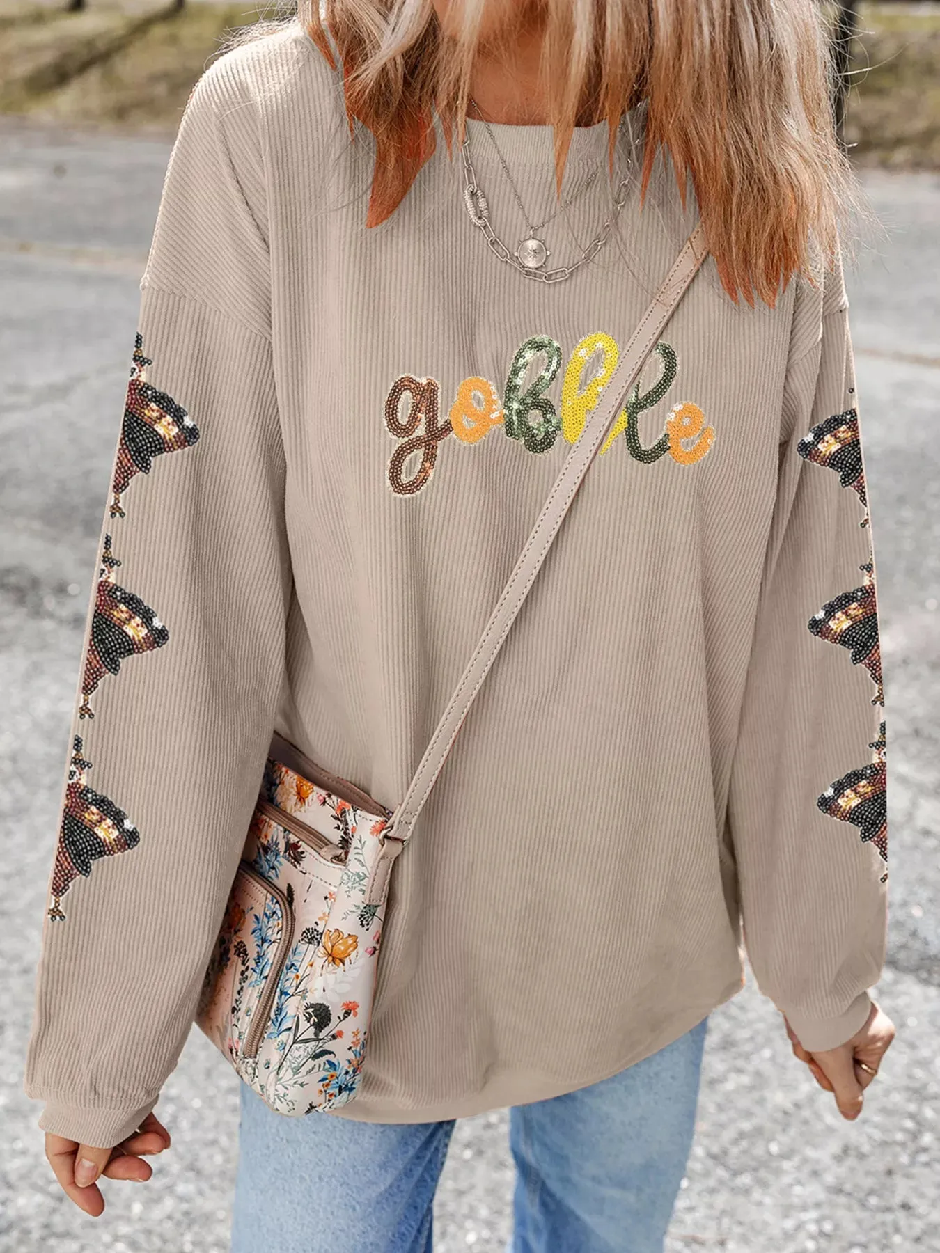 Gobble Corded Ribbed Thanksgiving Turkey Sequin Patched Sleeve Sweatshirt sold by Charming Charlie product image thumbnail 3