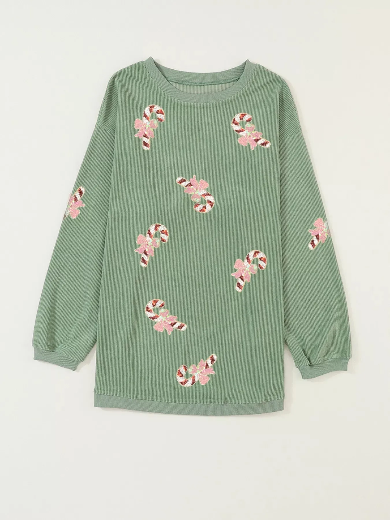 Christmas Sequin Candy Cane Patched Corded Ribbed Baggy Sweatshirt sold by Charming Charlie product image thumbnail 4
