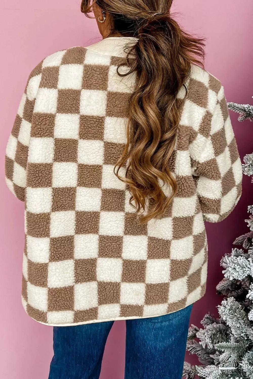 Checkered Sherpa Oversized Button Up Jacket sold by Charming Charlie product image thumbnail 2
