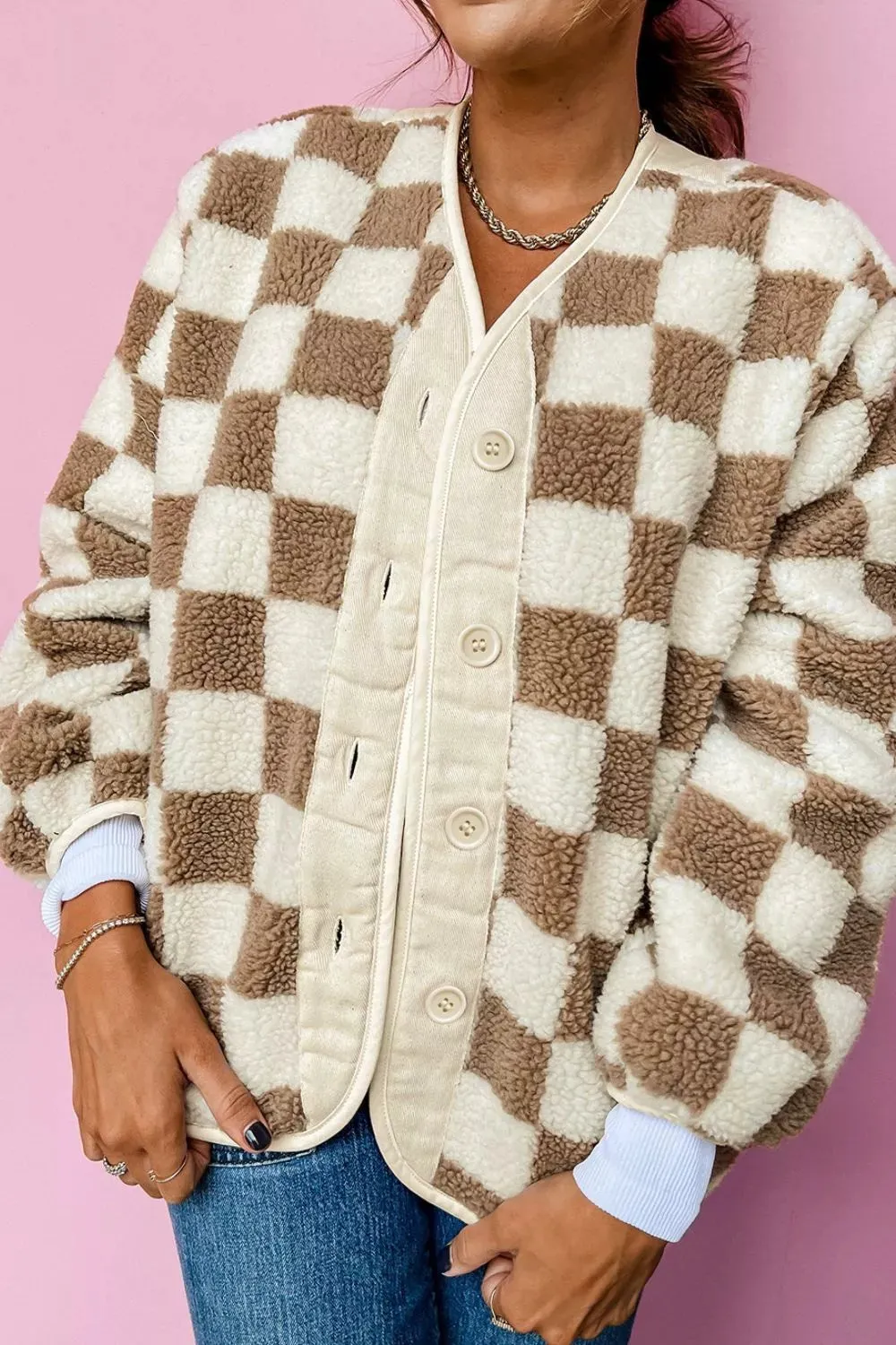 Checkered Sherpa Oversized Button Up Jacket sold by Charming Charlie product image thumbnail 3
