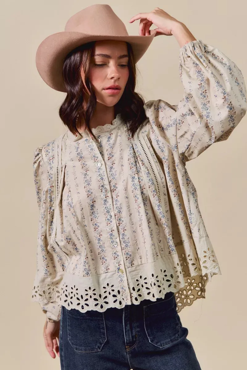 SO ME Floral Print Lace Button Down Shirt sold by Charming Charlie