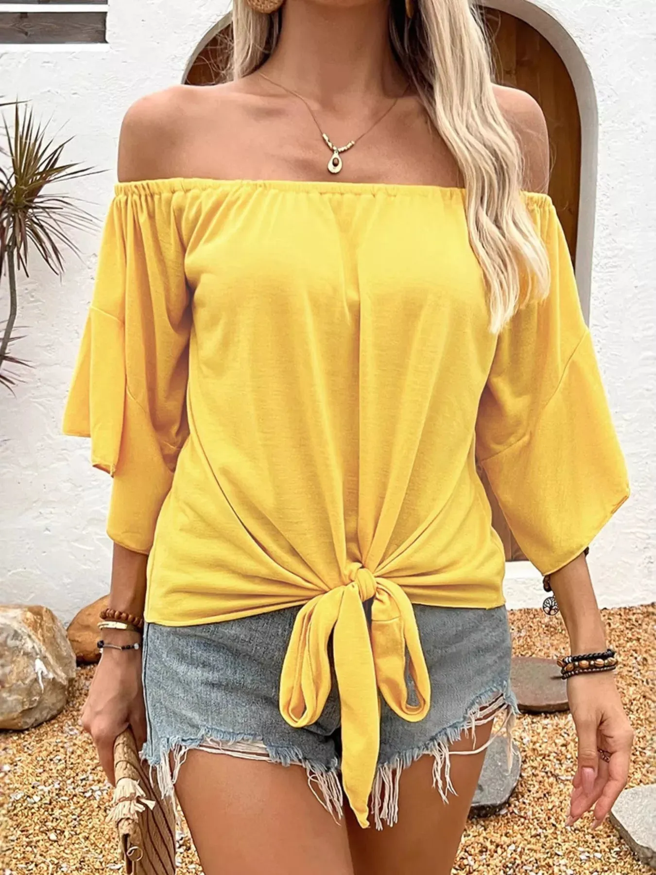Off-Shoulder Tie-Front T-Shirt sold by Charming Charlie product image thumbnail 5