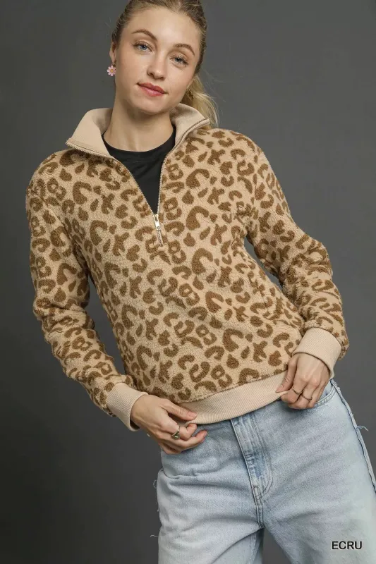 Umgee Leopard Print Quarter-Zip Sweatshirt sold by Charming Charlie