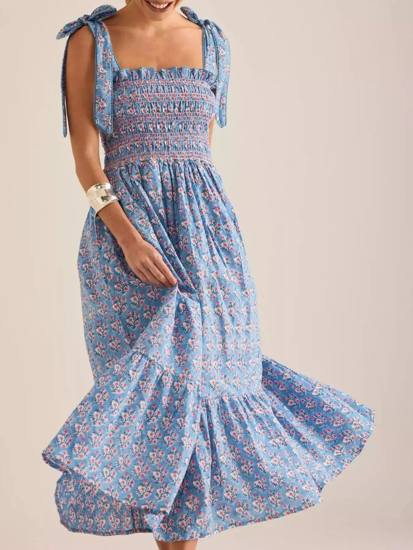 Floral Smocked Tie-Shoulder Midi Dress sold by Charming Charlie