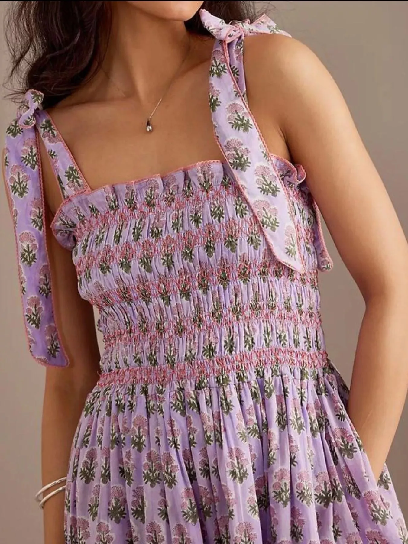 Floral Smocked Tie-Shoulder Midi Dress sold by Charming Charlie product image thumbnail 5