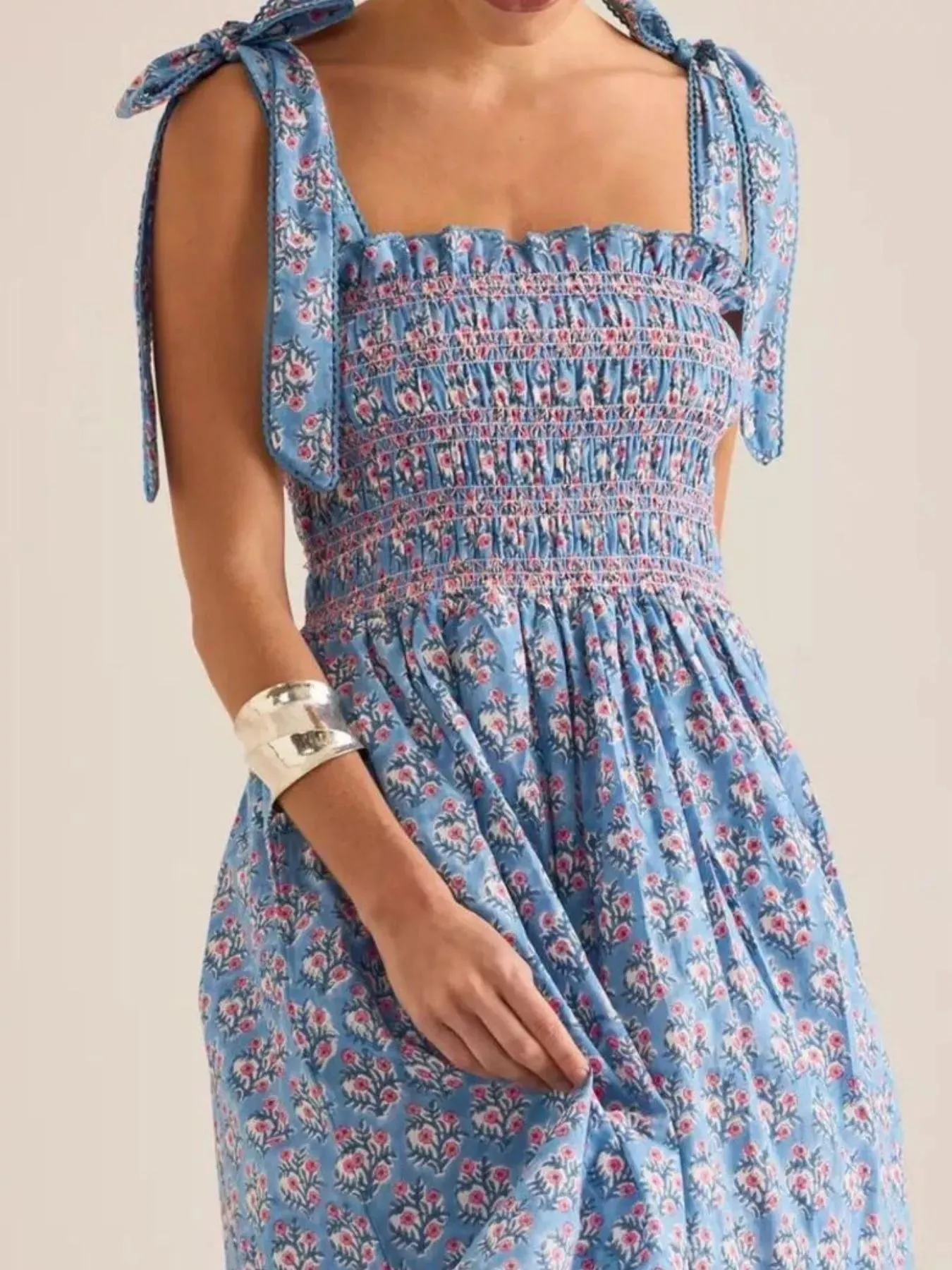 Floral Smocked Tie-Shoulder Midi Dress sold by Charming Charlie product image thumbnail 3