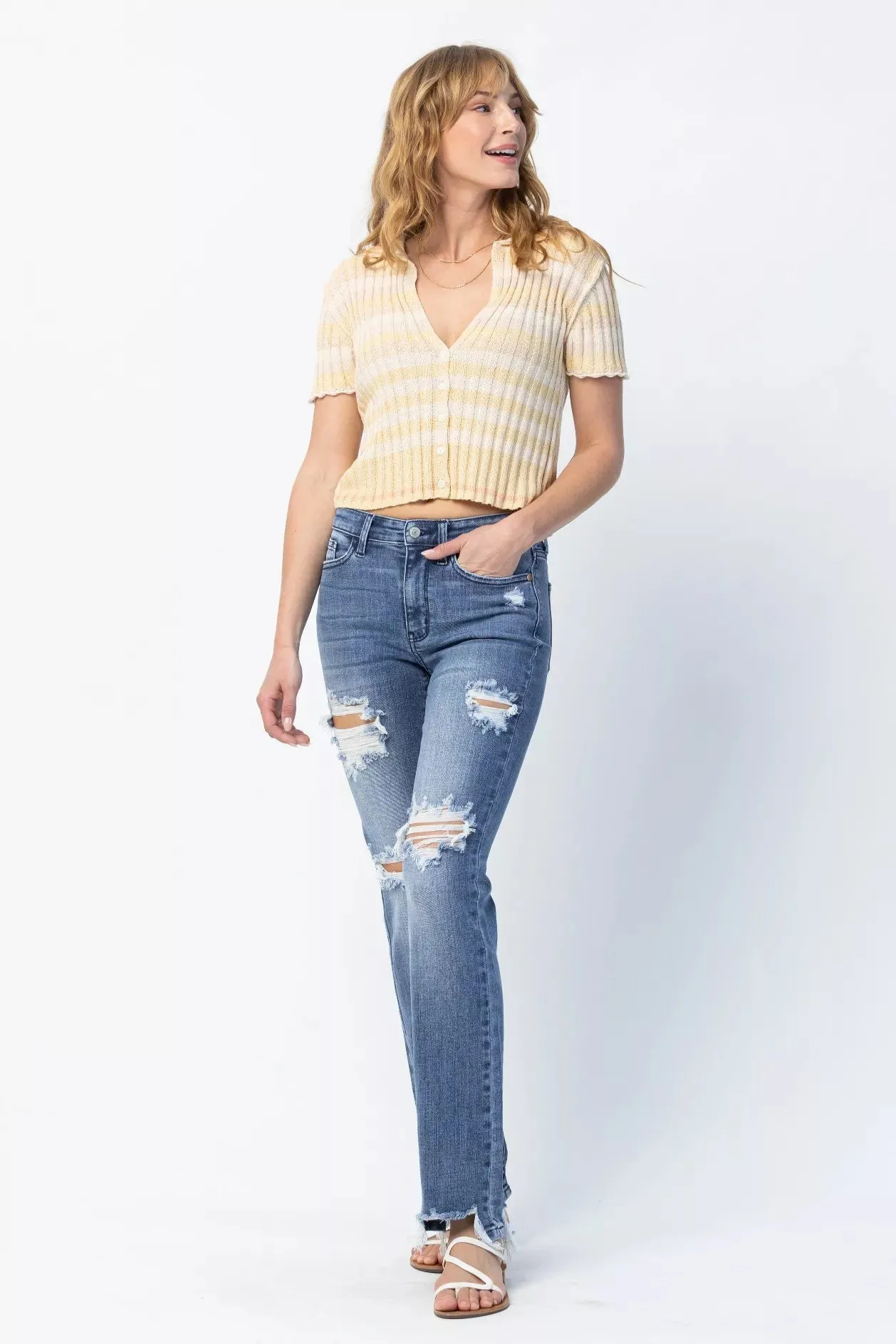 Judy Blue Full Size Mid Rise Destroy Straight Jeans Plus Size sold by Charming Charlie product image thumbnail 5