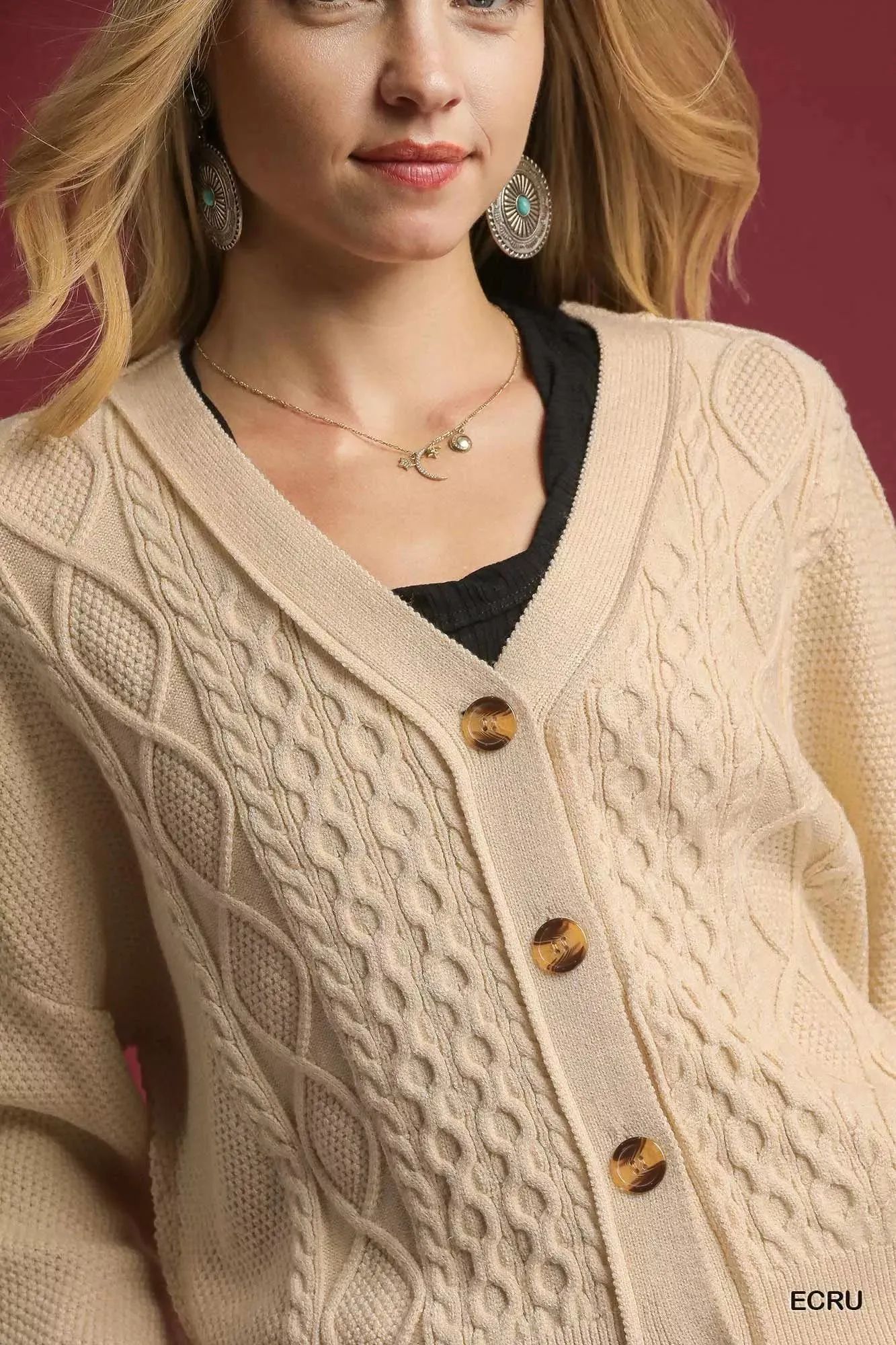 Umgee Chunky Cable Knit V-Neck Button-Up Cardigan sold by Charming Charlie product image thumbnail 4