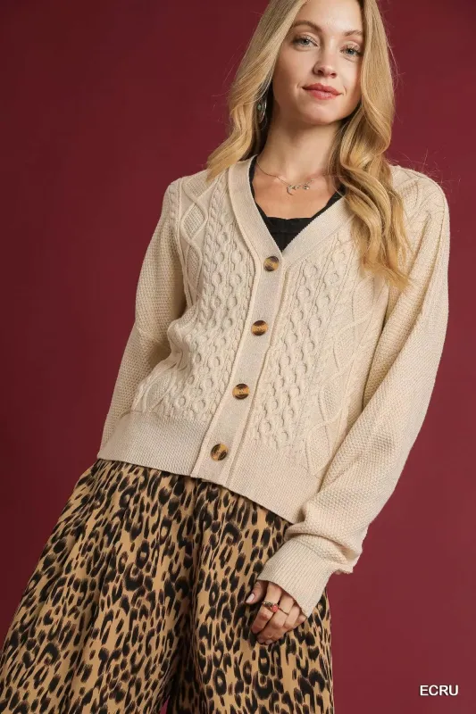 Umgee Chunky Cable Knit V-Neck Button-Up Cardigan sold by Charming Charlie