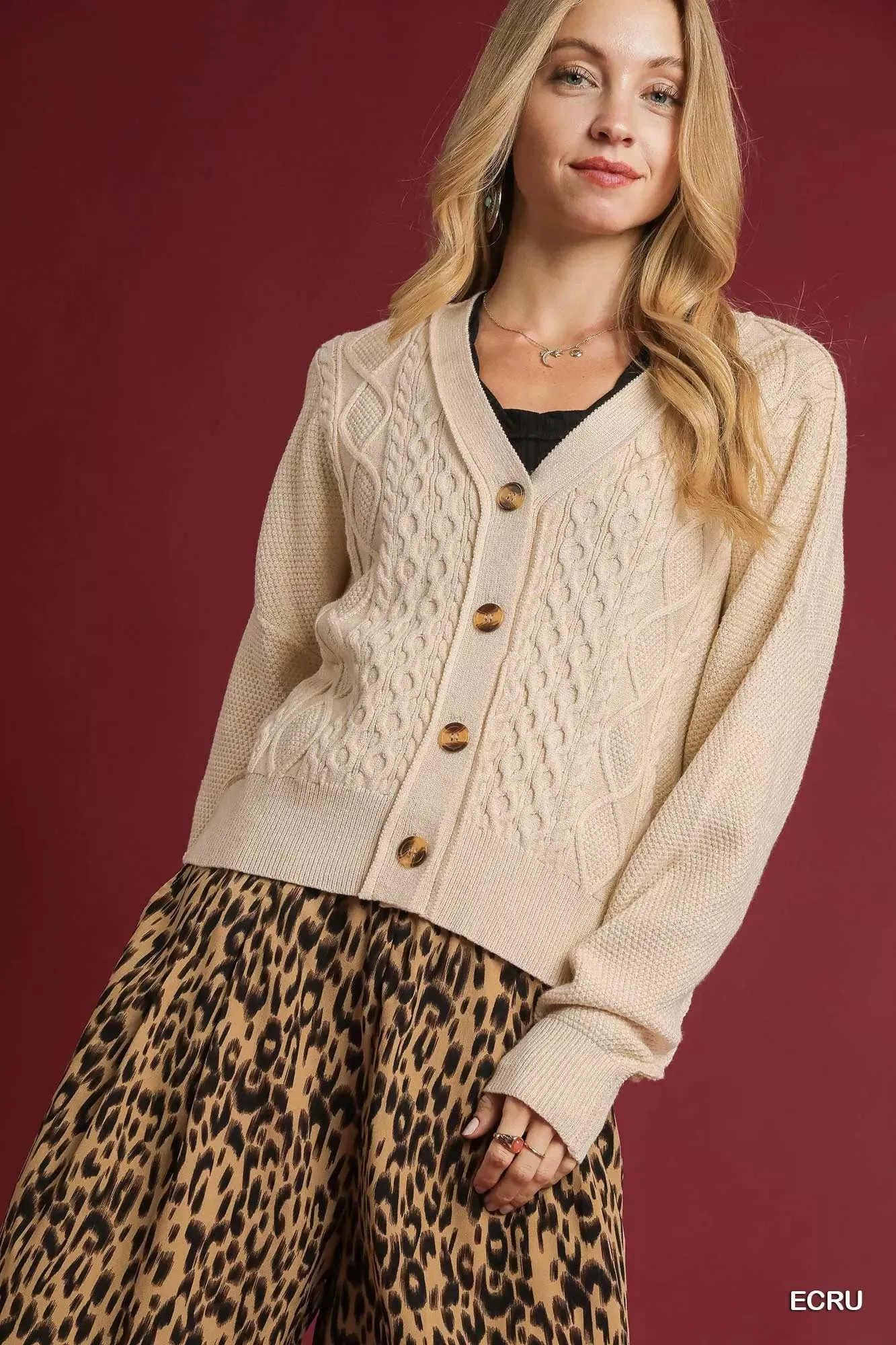 Umgee Chunky Cable Knit V-Neck Button-Up Cardigan sold by Charming Charlie