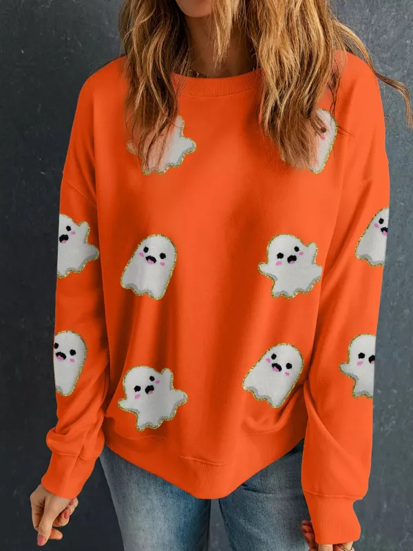 Halloween Ghost Patched Pattern Holiday Sweatshirt sold by Charming Charlie