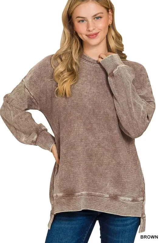Zenana Full Size Acid Washed Double Ribbed Hi-low Sweatshirt Plus Size made by Trendsi