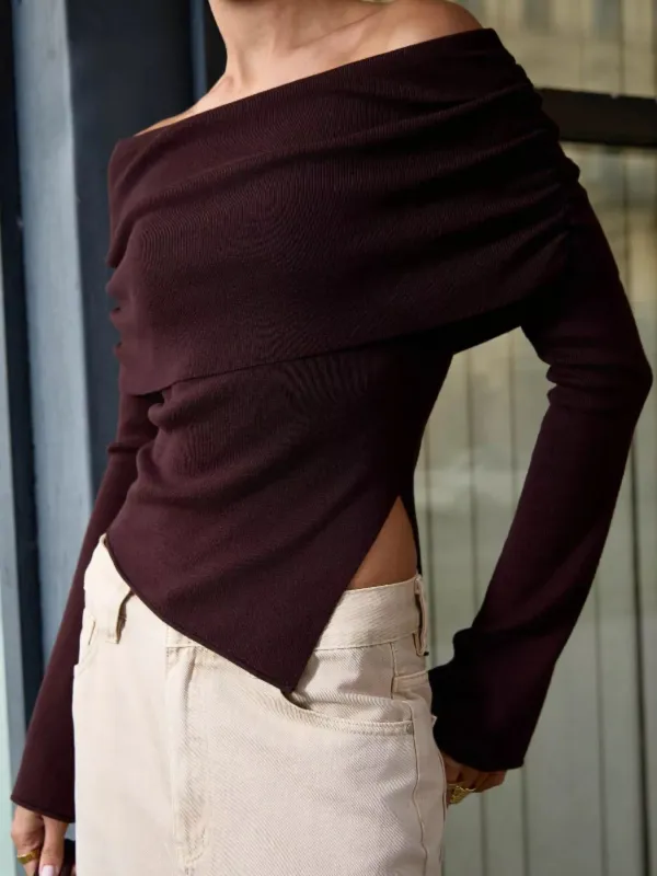 Asymmetrical Hem Off-Shoulder Long Sleeve Knit Top sold by Charming Charlie