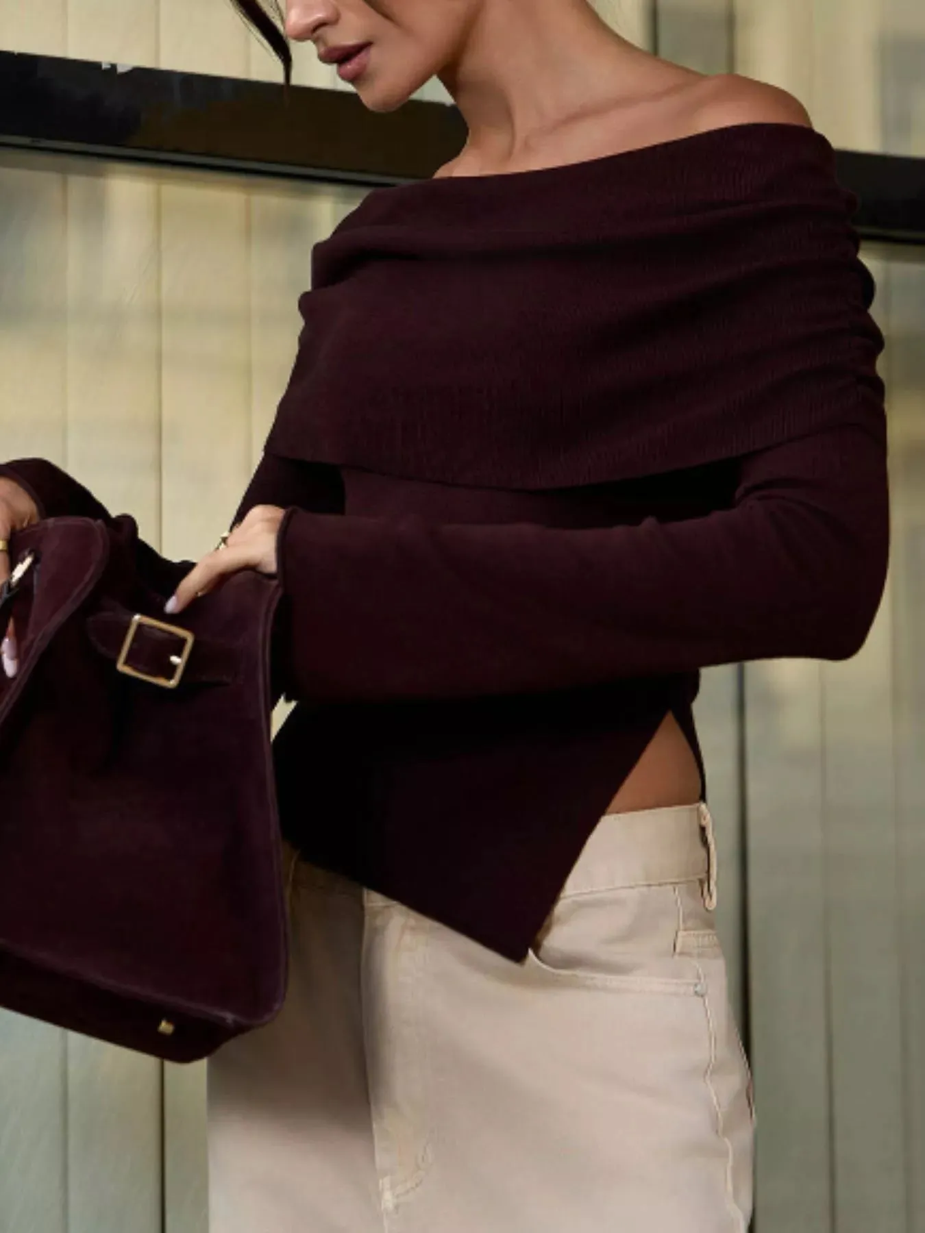 Asymmetrical Hem Off-Shoulder Long Sleeve Knit Top sold by Charming Charlie product image thumbnail 5