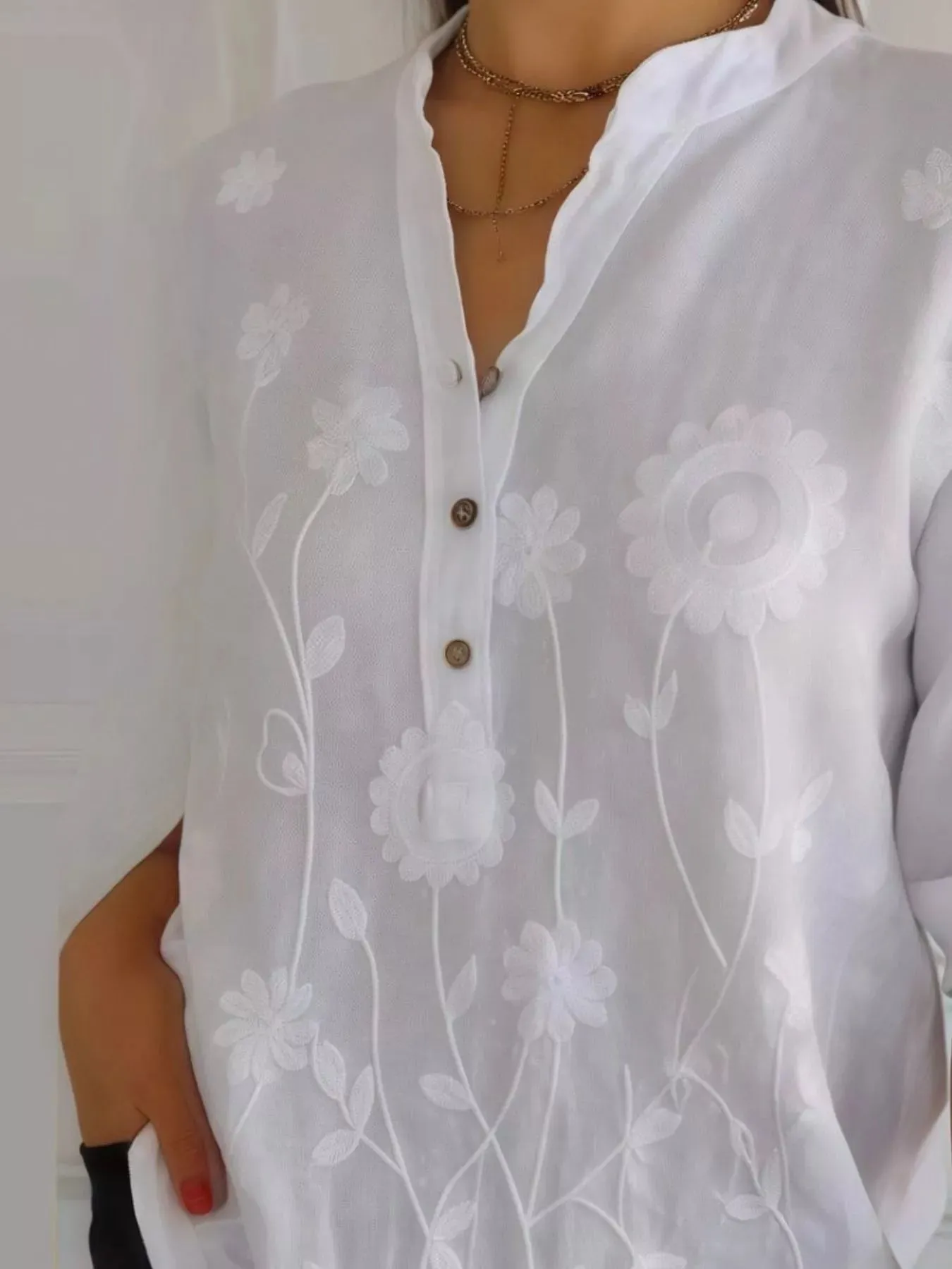 Full Size Floral Embroidered Button Detail Blouse Plus Size sold by Charming Charlie product image thumbnail 5