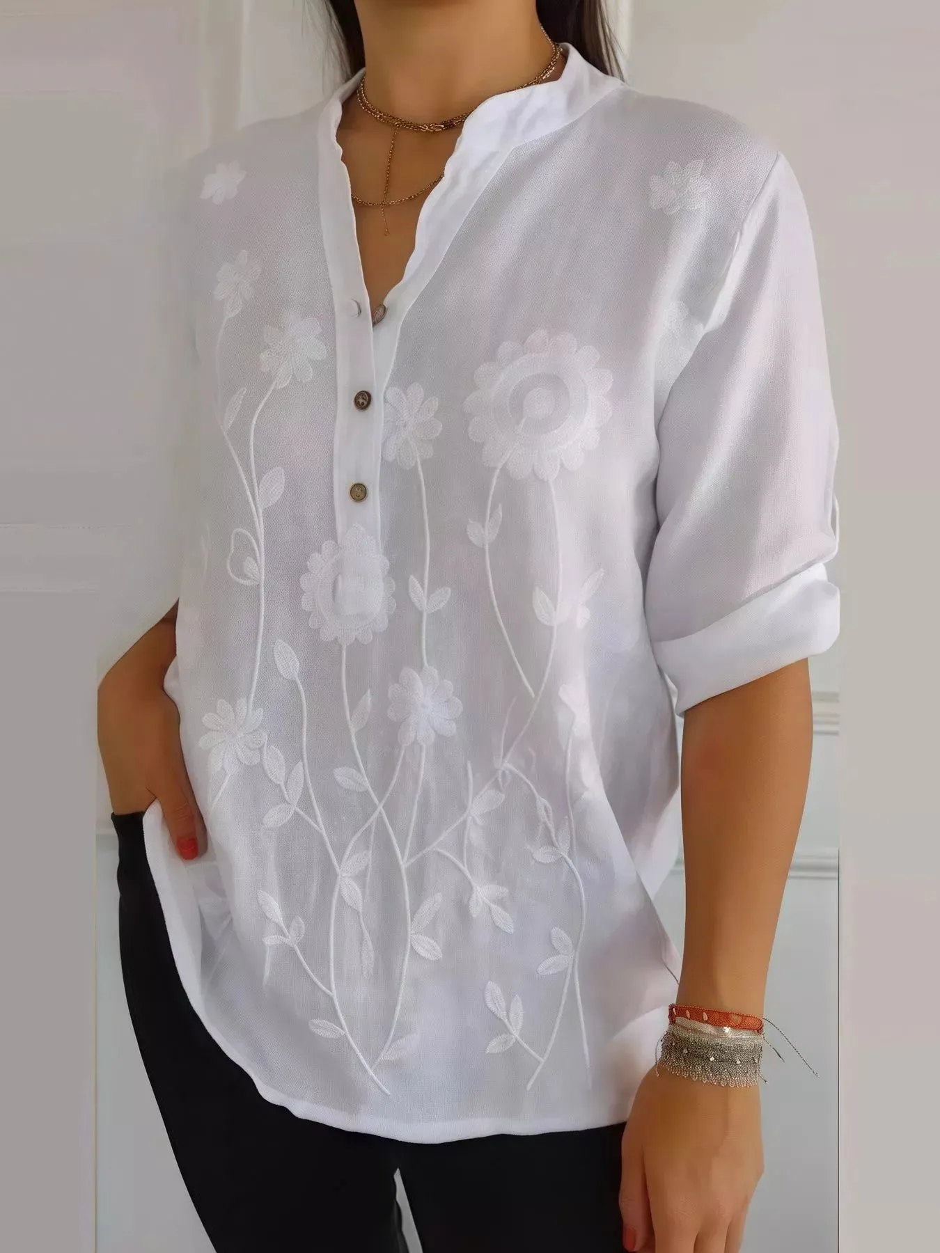 Full Size Floral Embroidered Button Detail Blouse Plus Size sold by Charming Charlie product image thumbnail 4