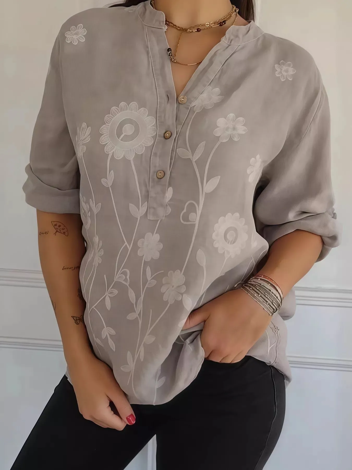 Full Size Floral Embroidered Button Detail Blouse Plus Size sold by Charming Charlie