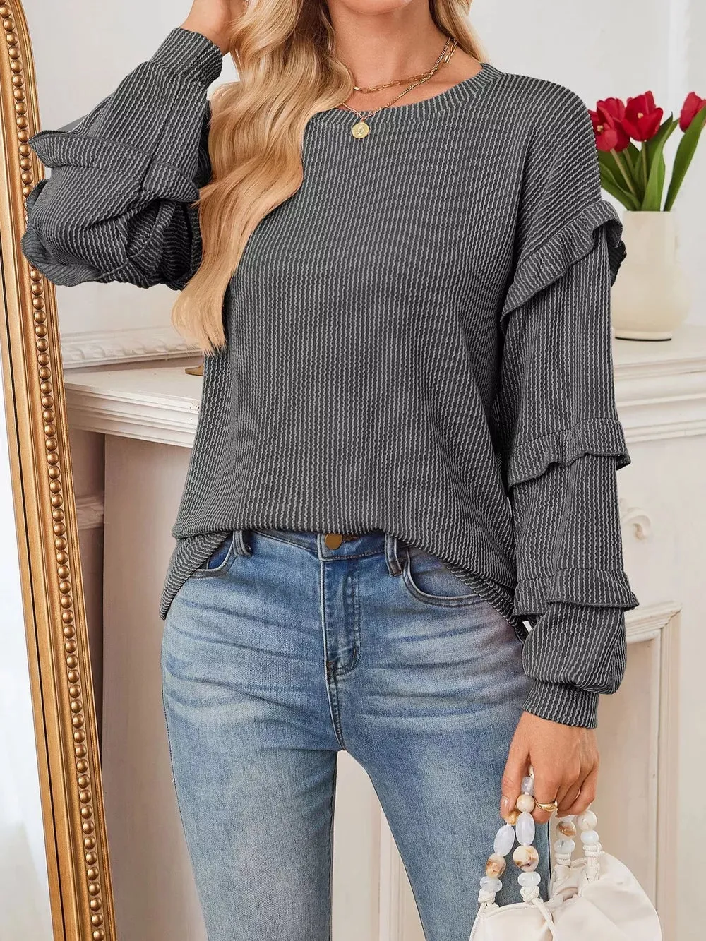 Round Neck Ruffled Long Sleeve Sweatshirt sold by Charming Charlie product image thumbnail 4