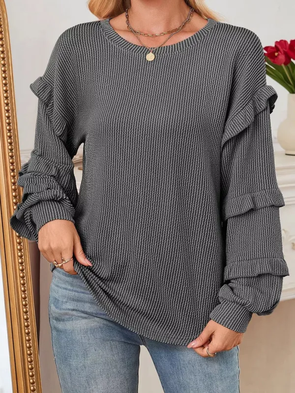 Round Neck Ruffled Long Sleeve Sweatshirt made by Trendsi