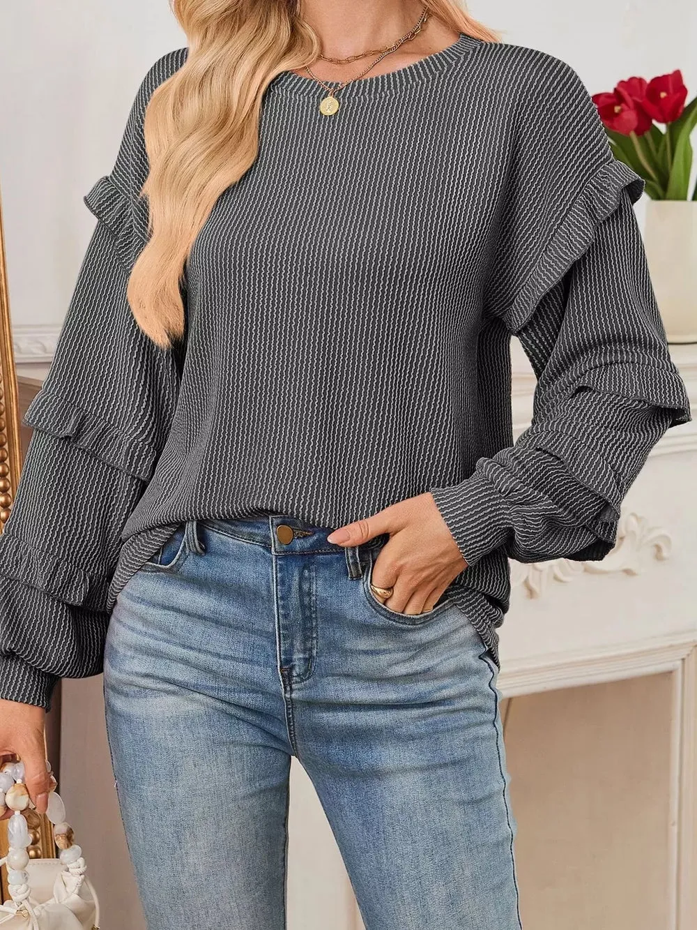 Round Neck Ruffled Long Sleeve Sweatshirt sold by Charming Charlie product image thumbnail 5