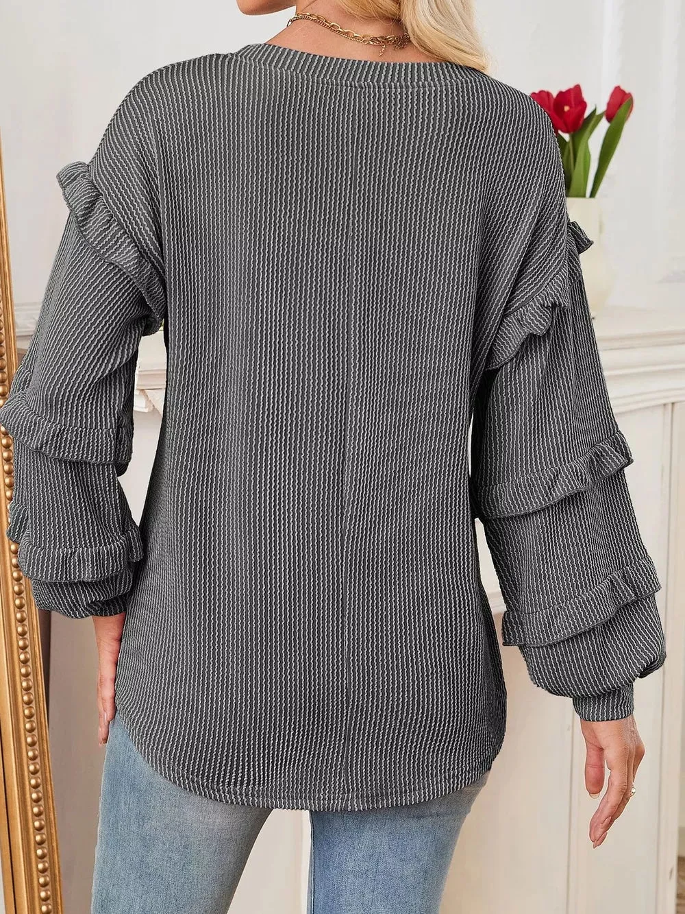 Round Neck Ruffled Long Sleeve Sweatshirt sold by Charming Charlie product image thumbnail 2