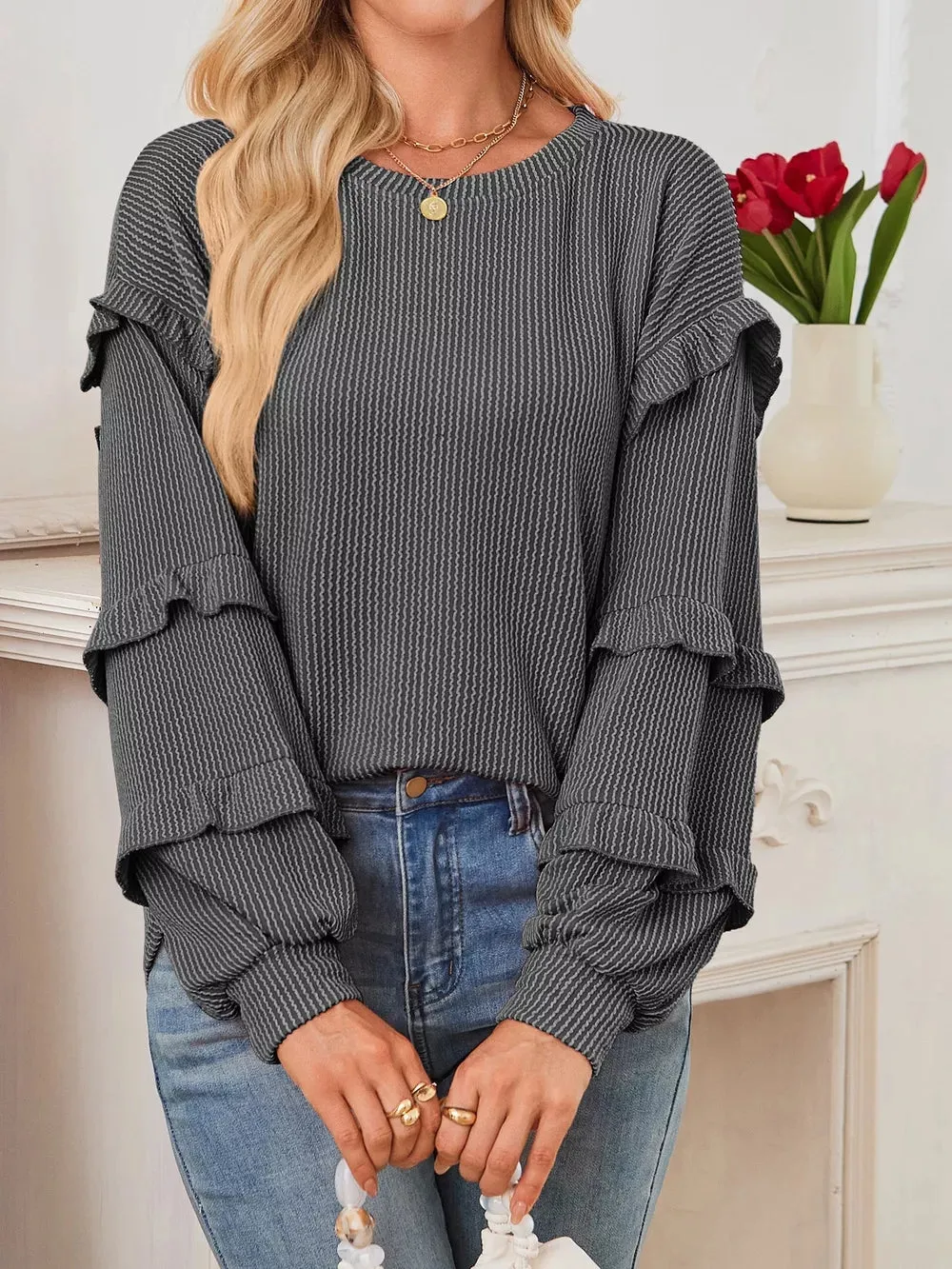 Round Neck Ruffled Long Sleeve Sweatshirt sold by Charming Charlie product image thumbnail 3