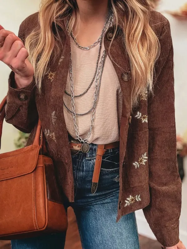 Floral Embroidered Collar Button Front Corduroy Jacket sold by Charming Charlie