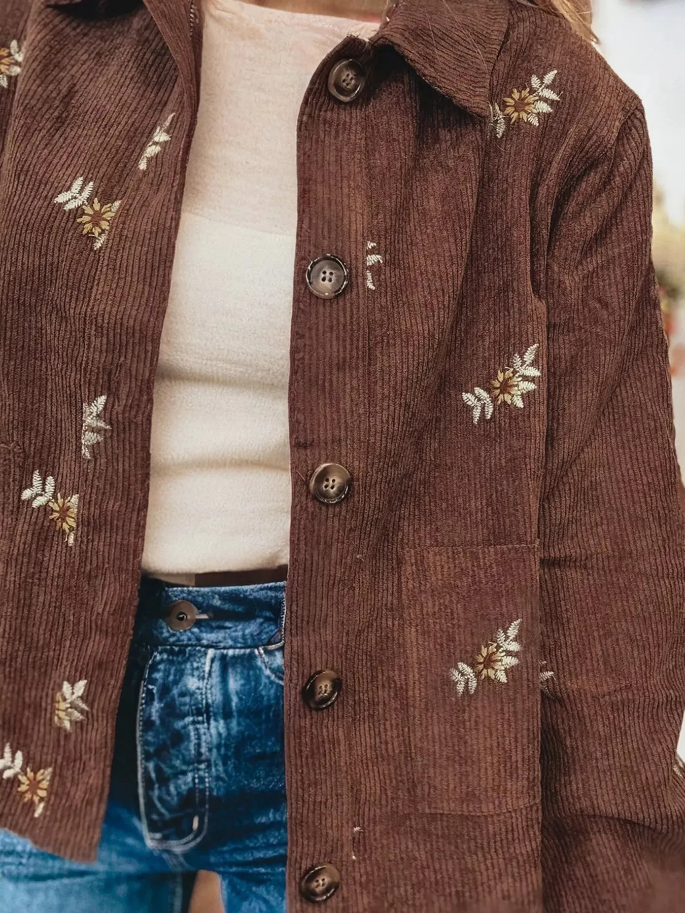 Floral Embroidered Collar Button Front Corduroy Jacket sold by Charming Charlie product image thumbnail 5