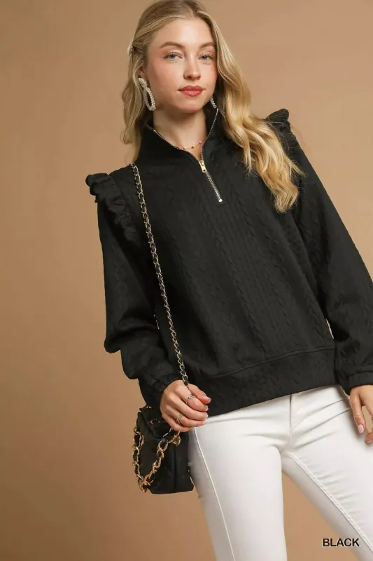 Umgee Cable Knit Textured Pullover with Ruffle Shoulders sold by Charming Charlie