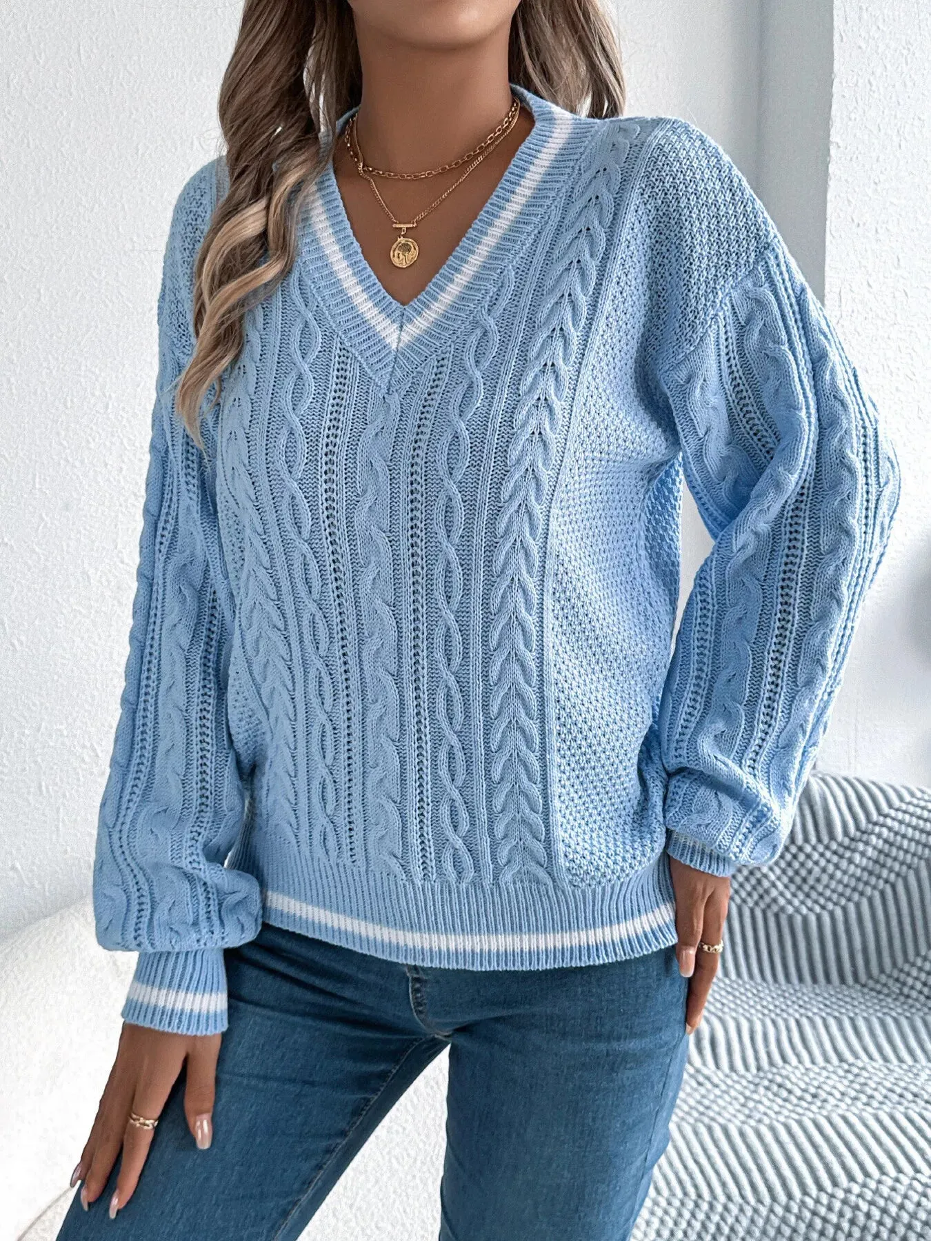 Cable Knit V-Neck Long Sleeve Sweater sold by Charming Charlie product image thumbnail 3