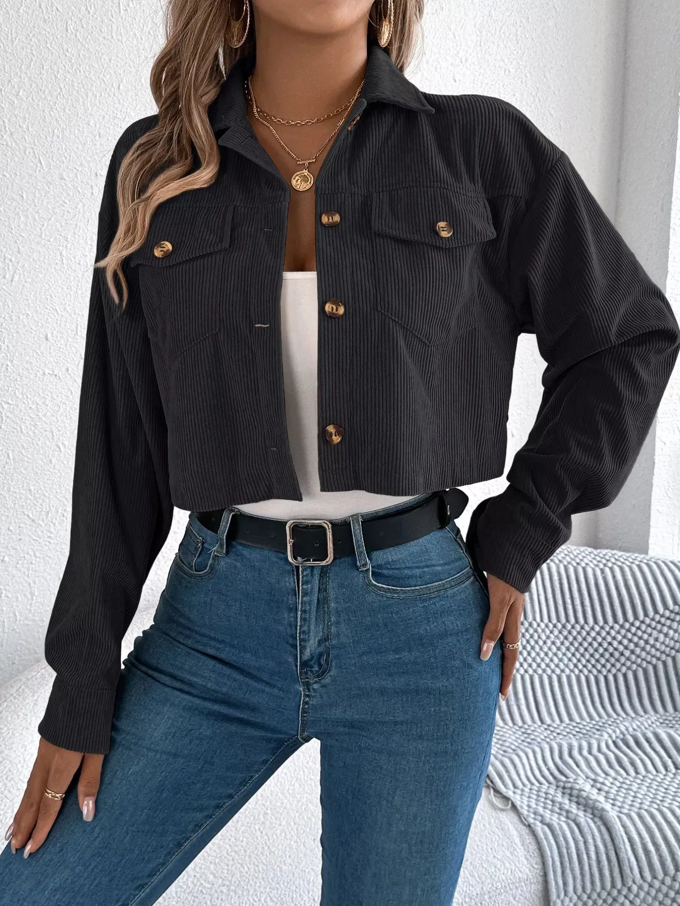 Corduroy Button-Up Dropped Shoulder Jacket sold by Charming Charlie product image thumbnail 5