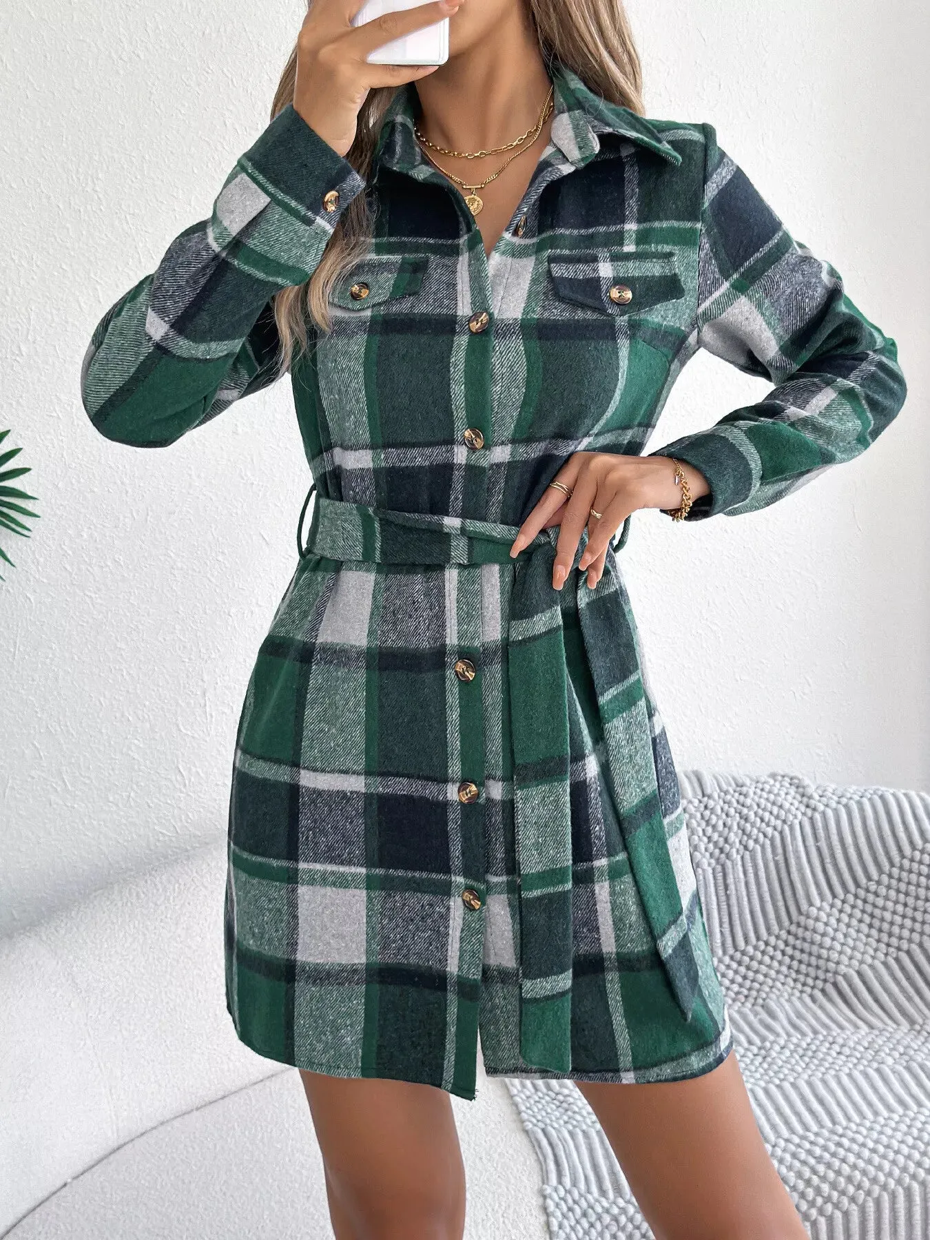 Plaid Button Front Tie Waist Shirt Dress sold by Charming Charlie product image thumbnail 3