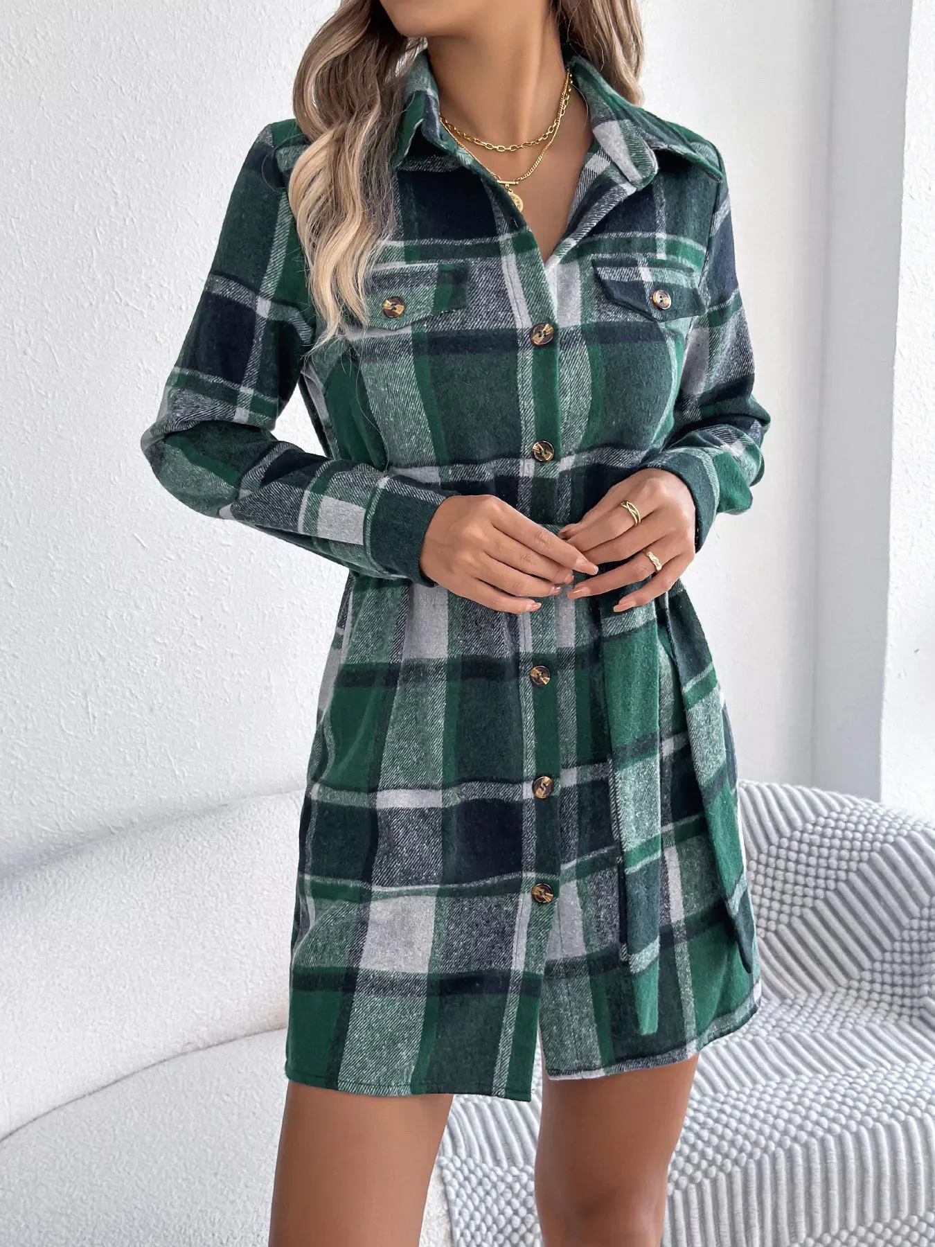 Plaid Button Front Tie Waist Shirt Dress sold by Charming Charlie product image thumbnail 4