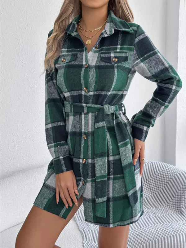 Plaid Button Front Tie Waist Shirt Dress sold by Charming Charlie