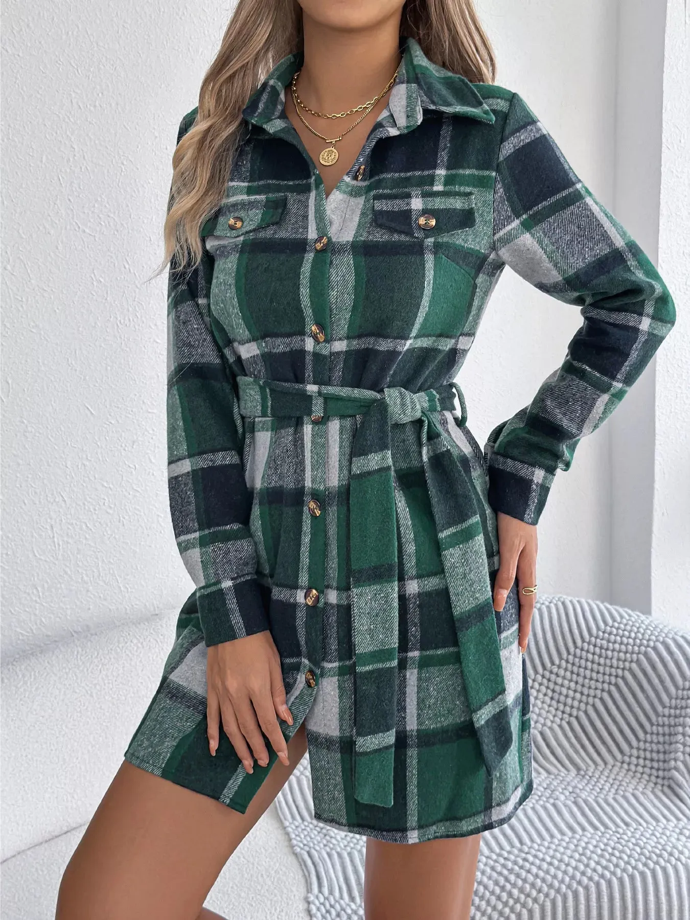 Plaid Button Front Tie Waist Shirt Dress sold by Charming Charlie