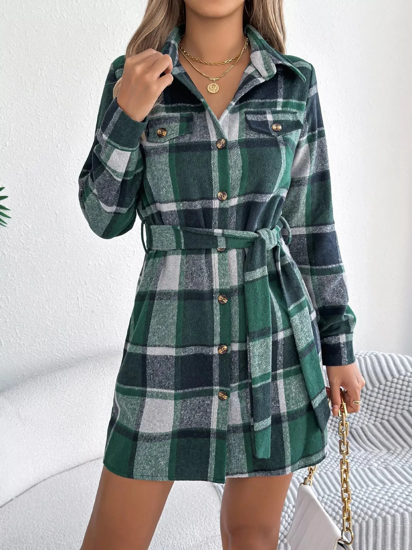 Plaid Button Front Tie Waist Shirt Dress sold by Charming Charlie product image thumbnail 2