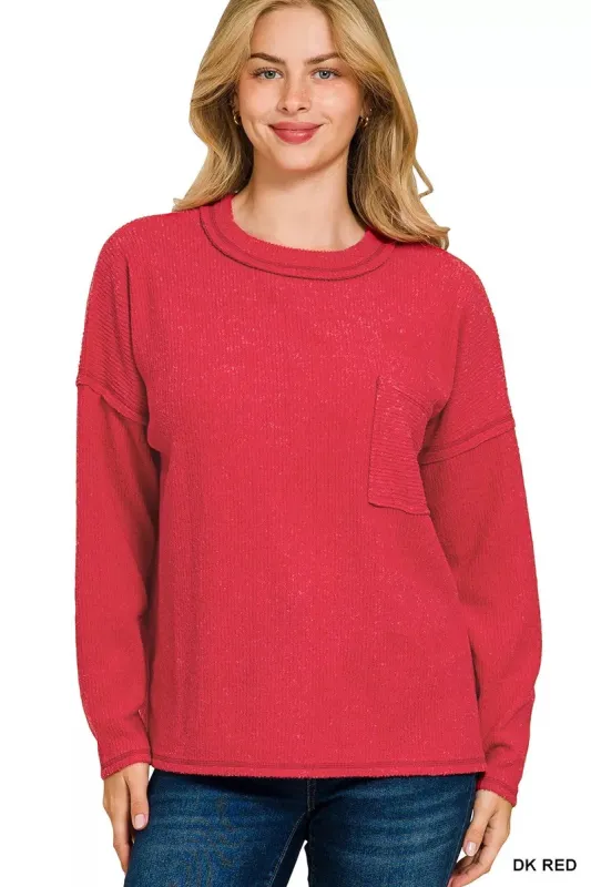 Zenana Ribbed Brushed Melange Hacci Sweater with Chest Pocket sold by Charming Charlie