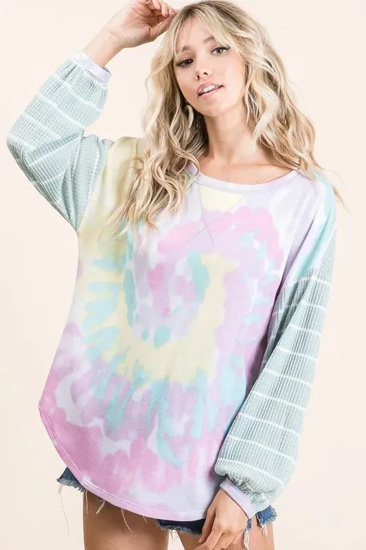 BiBi Tie Dye Terry Top with Wide Stripe Thermal Waffle sold by Charming Charlie product image thumbnail 4
