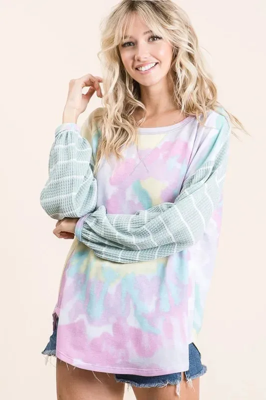 BiBi Tie Dye Terry Top with Wide Stripe Thermal Waffle sold by Charming Charlie
