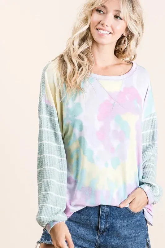 BiBi Tie Dye Terry Top with Wide Stripe Thermal Waffle sold by Charming Charlie product image thumbnail 5