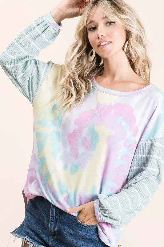 BiBi Tie Dye Terry Top with Wide Stripe Thermal Waffle sold by Charming Charlie product image thumbnail 2