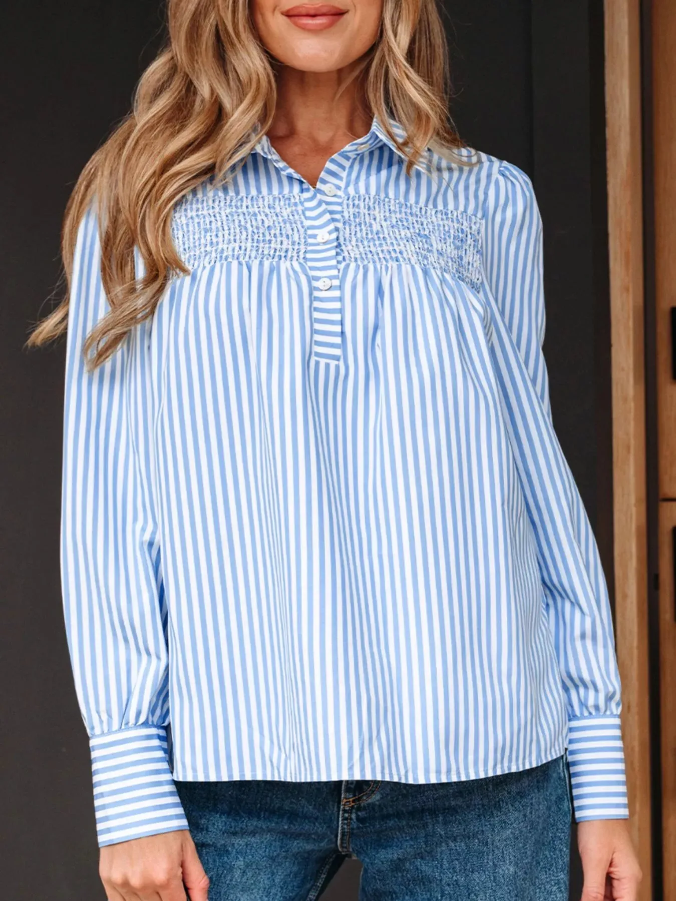 Stripe Shirred Detail Half Placket Collared Long Sleeve Shirt sold by Charming Charlie product image thumbnail 5