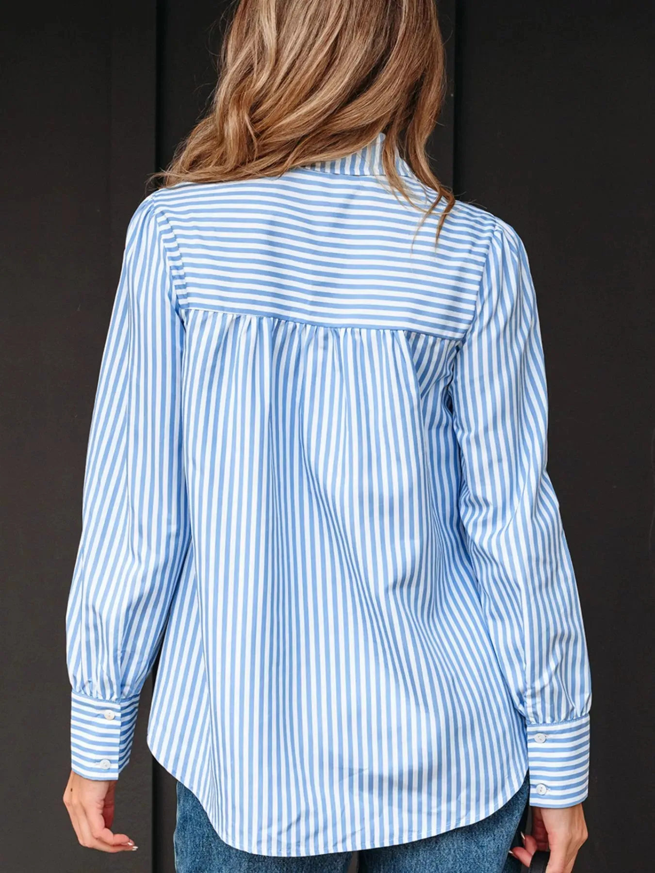 Stripe Shirred Detail Half Placket Collared Long Sleeve Shirt sold by Charming Charlie product image thumbnail 3