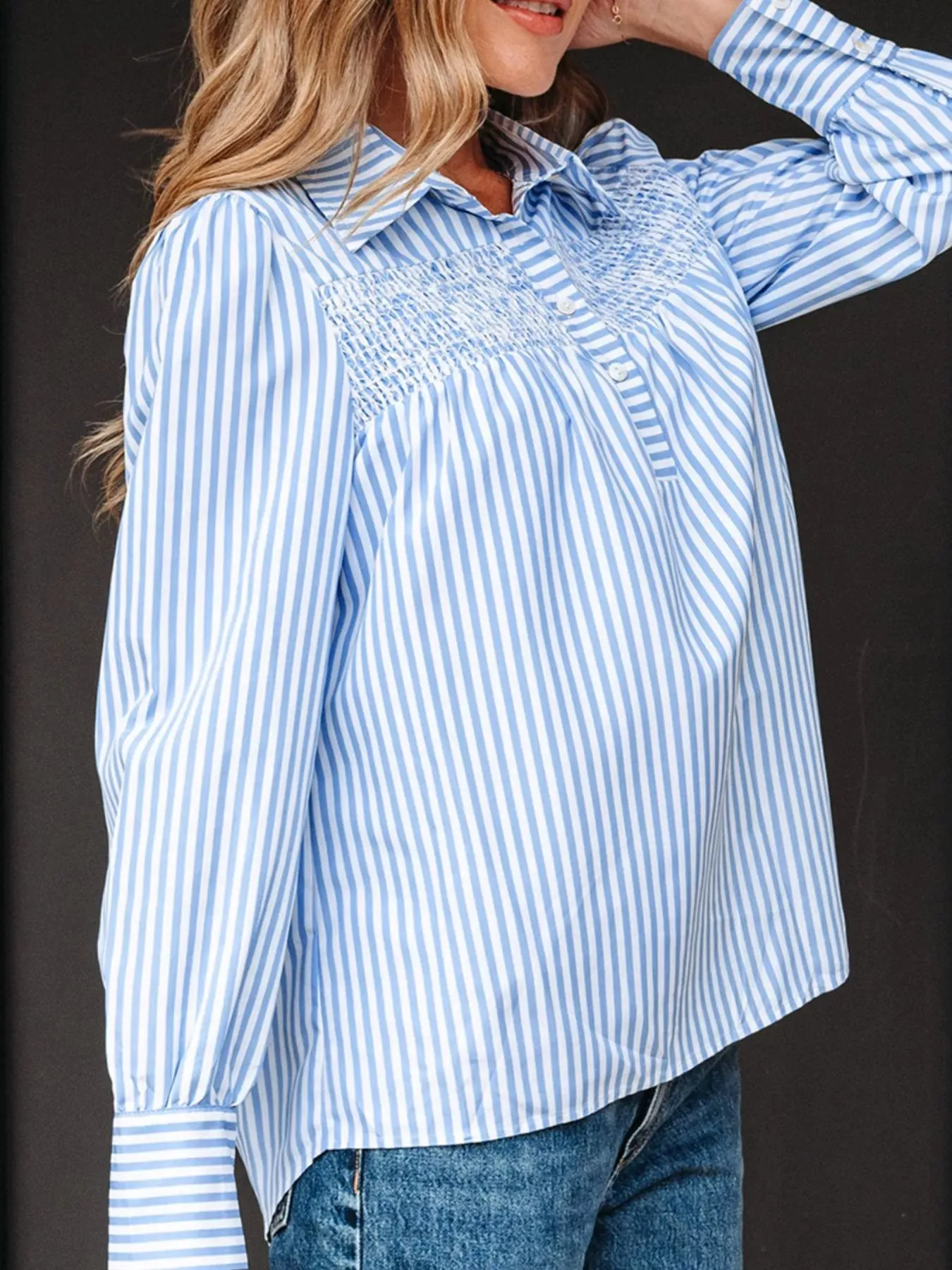 Stripe Shirred Detail Half Placket Collared Long Sleeve Shirt sold by Charming Charlie product image thumbnail 4
