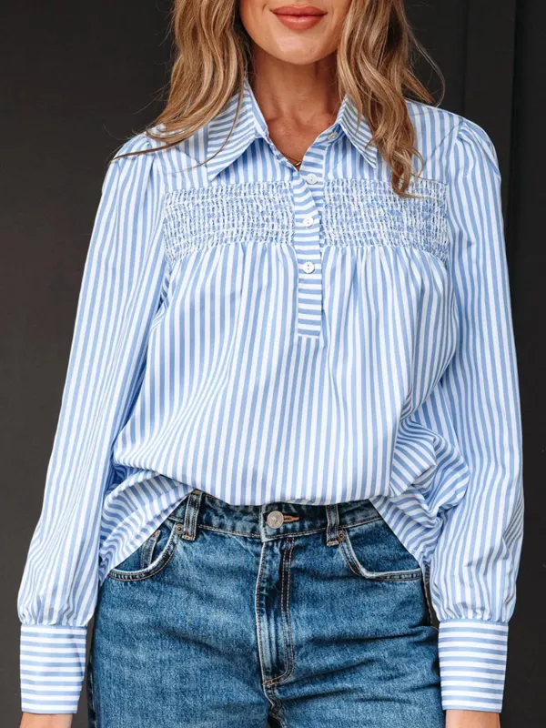 Stripe Shirred Detail Half Placket Collared Long Sleeve Shirt sold by Charming Charlie
