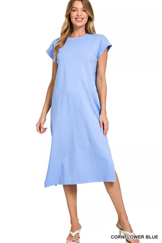 Zenana Round Neck Side Slit Midi Dress sold by Charming Charlie