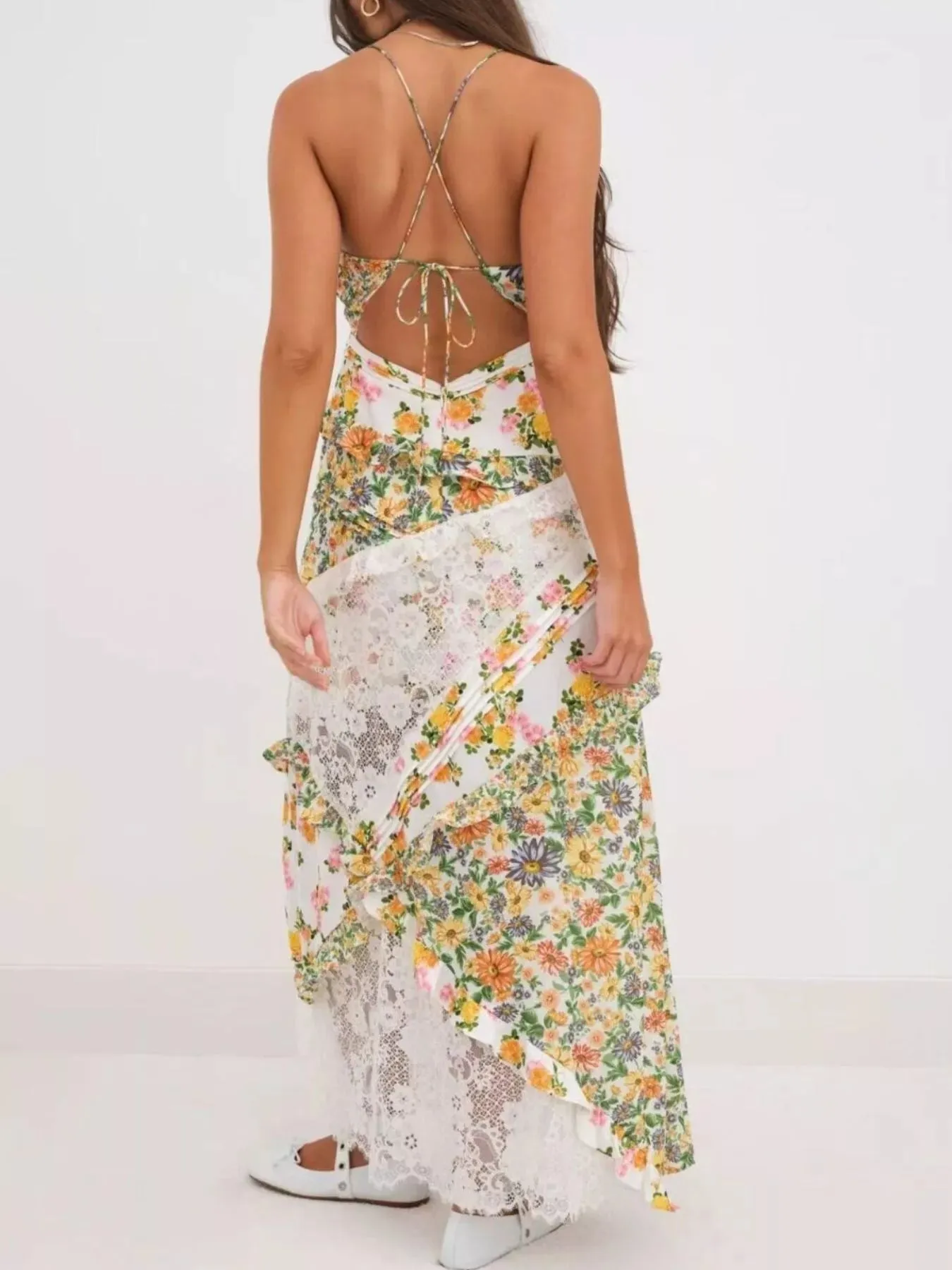 Lace Detail Ruffled Floral V-Neck Maxi Dress sold by Charming Charlie product image thumbnail 4