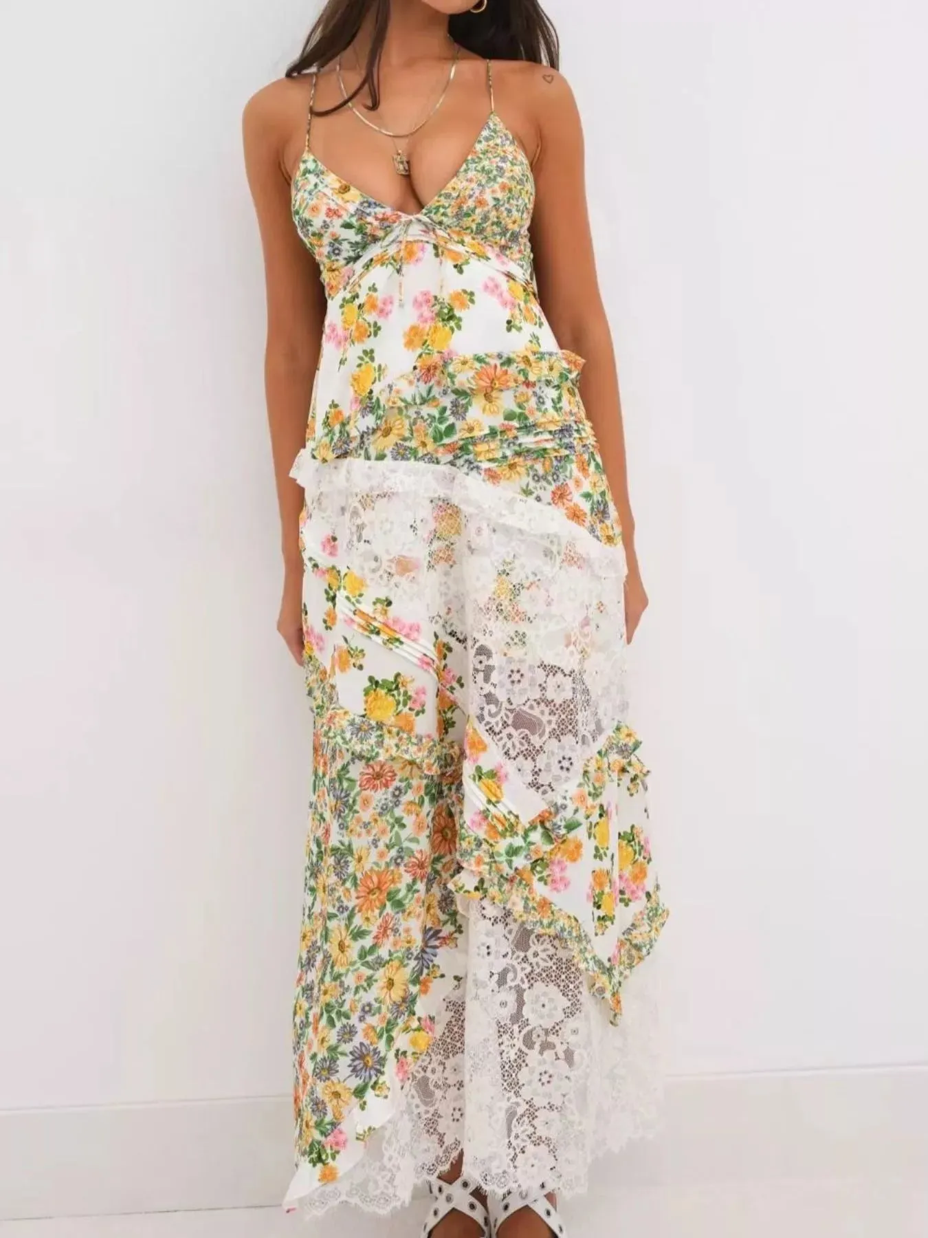 Lace Detail Ruffled Floral V-Neck Maxi Dress sold by Charming Charlie