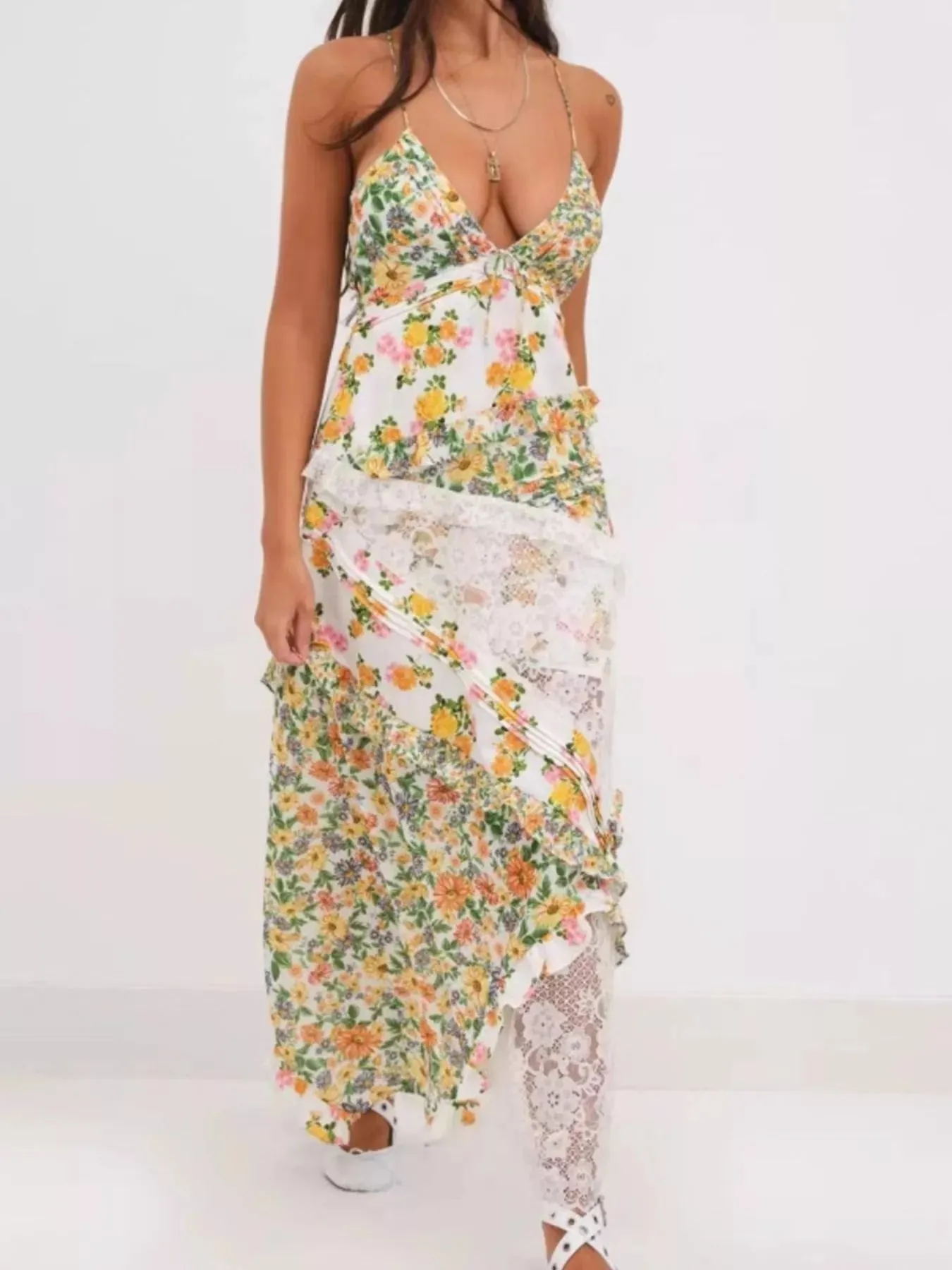 Lace Detail Ruffled Floral V-Neck Maxi Dress sold by Charming Charlie product image thumbnail 3